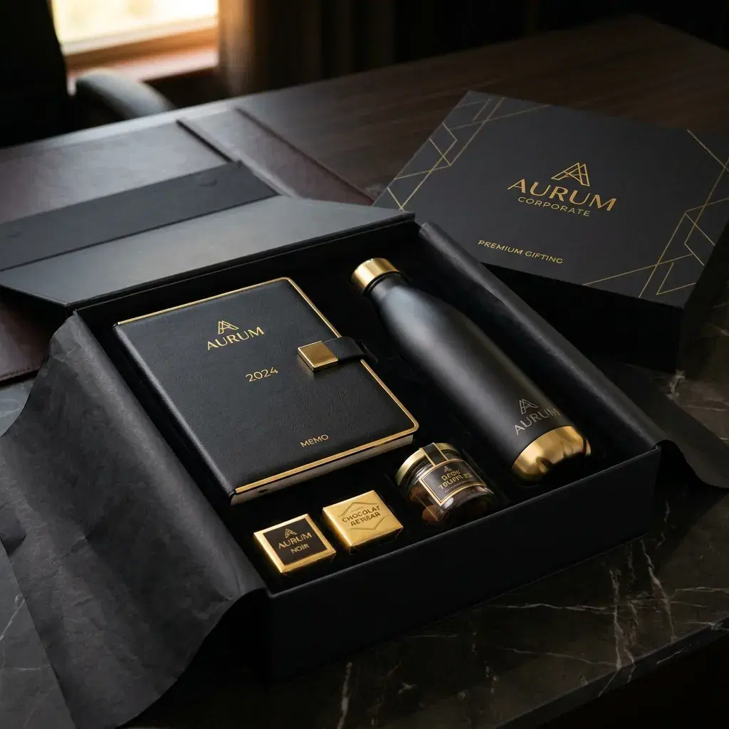 Black and gold corporate gift box with diary, bottle and chocolates