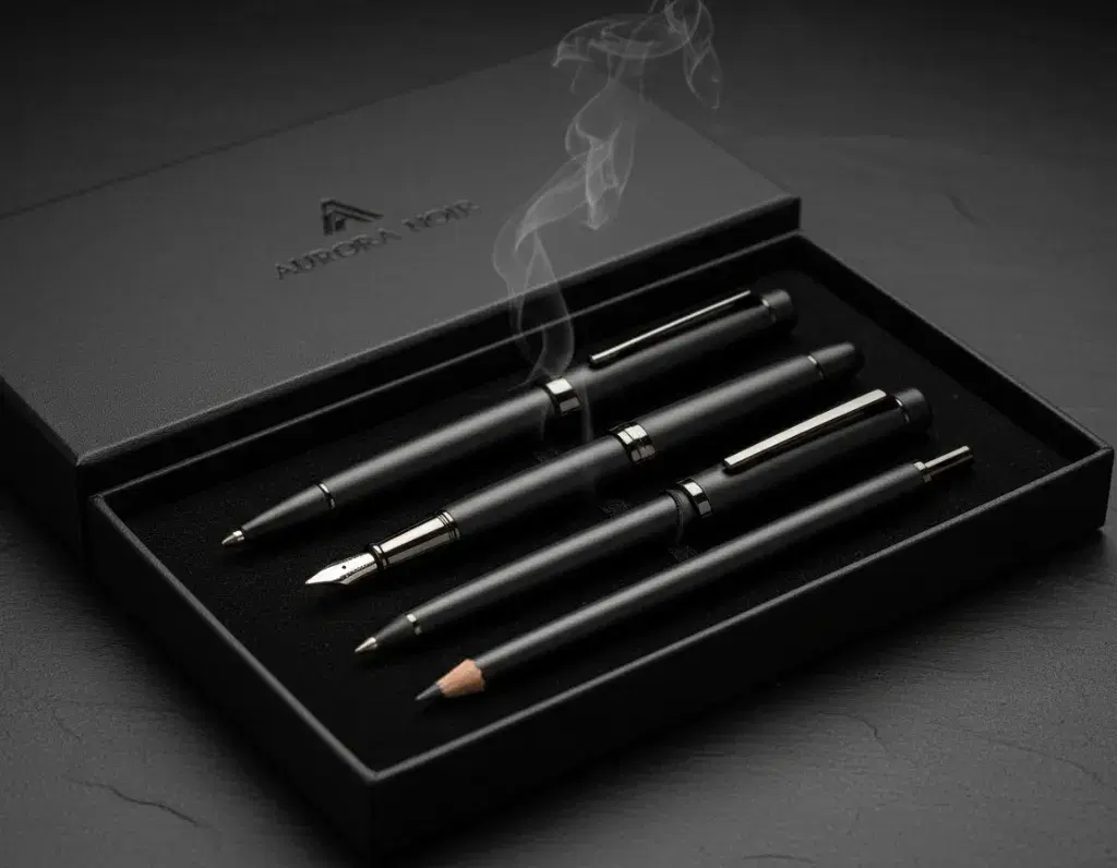 Matte black pen set presented in a branded presentation case