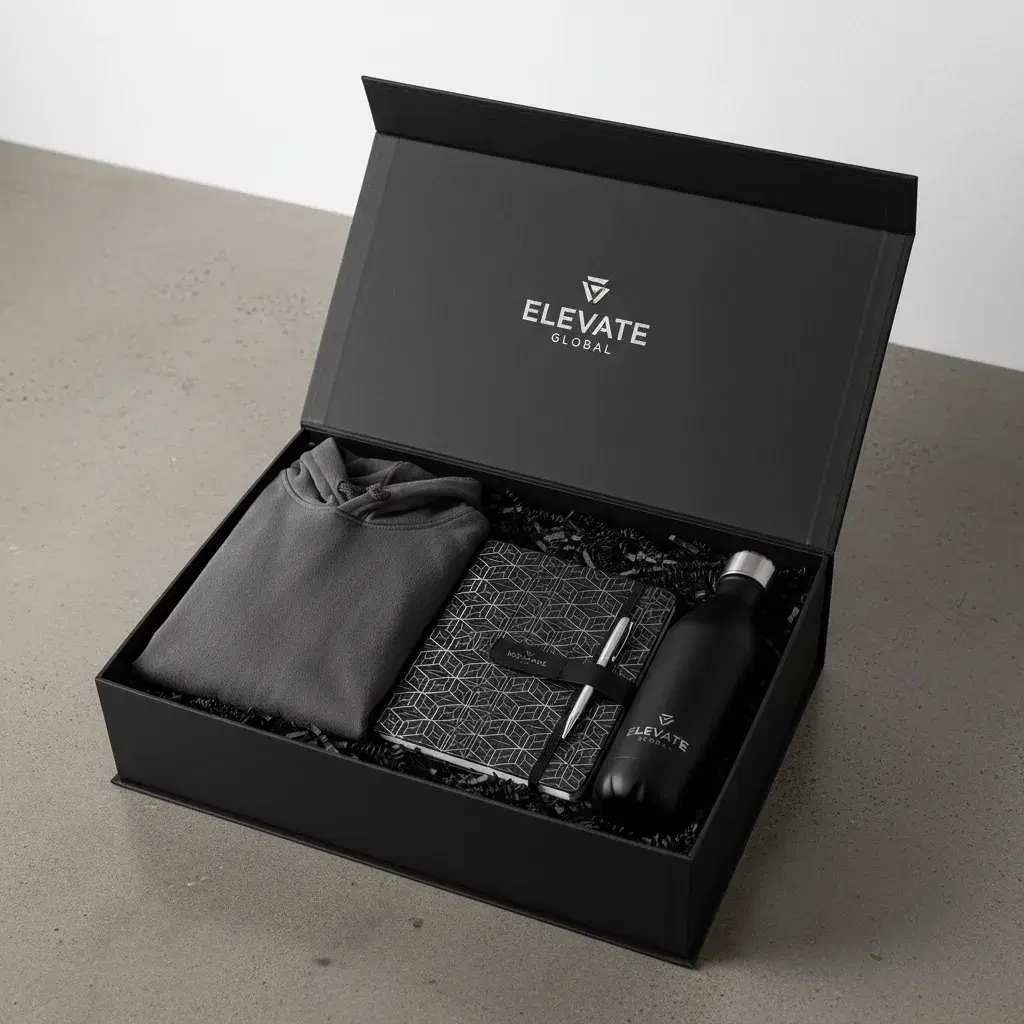 Black magnetic gift box with a folded hoodie, notebook and bottle
