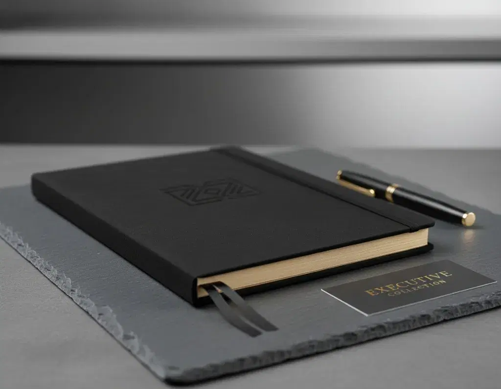 Debossed black notebook with a gold-trimmed pen on slate