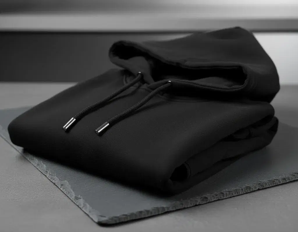 Retail-folded black hoodie presented on a slate tray