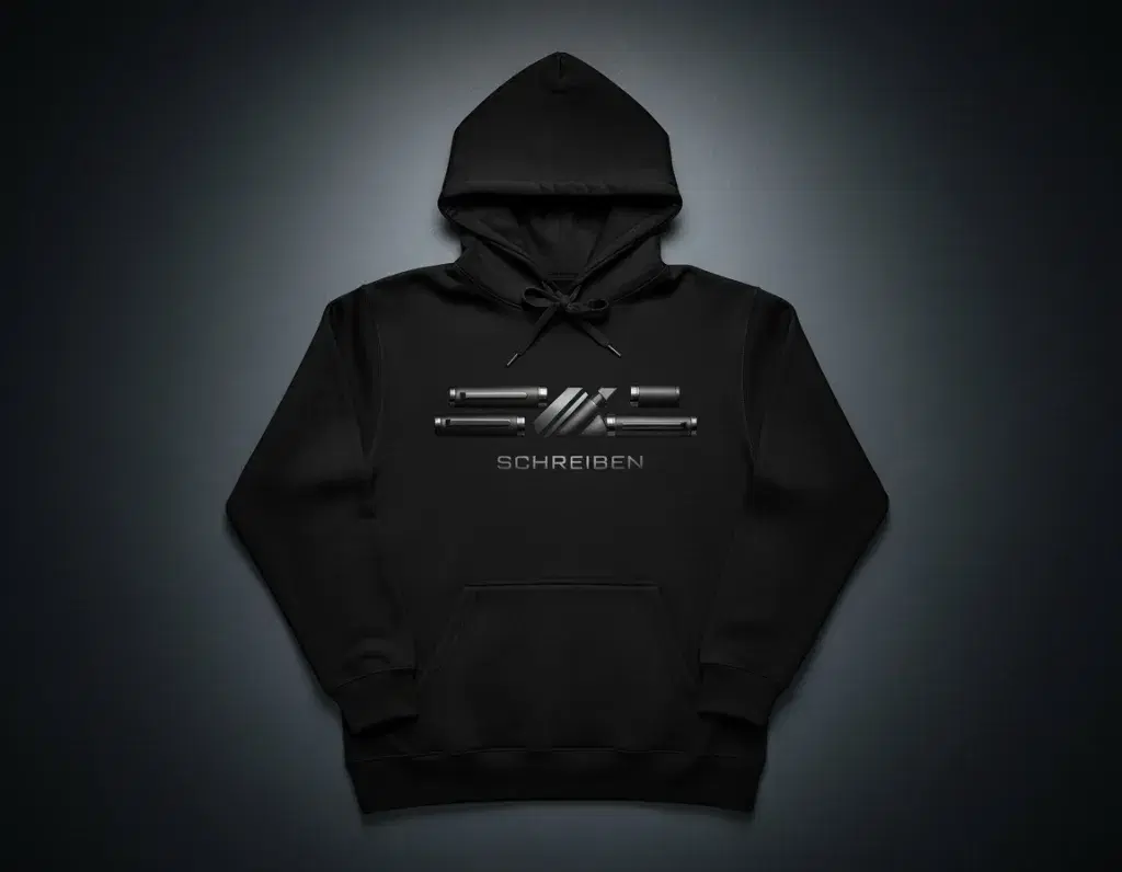 Black hoodie with a tonal Schreiben chest print