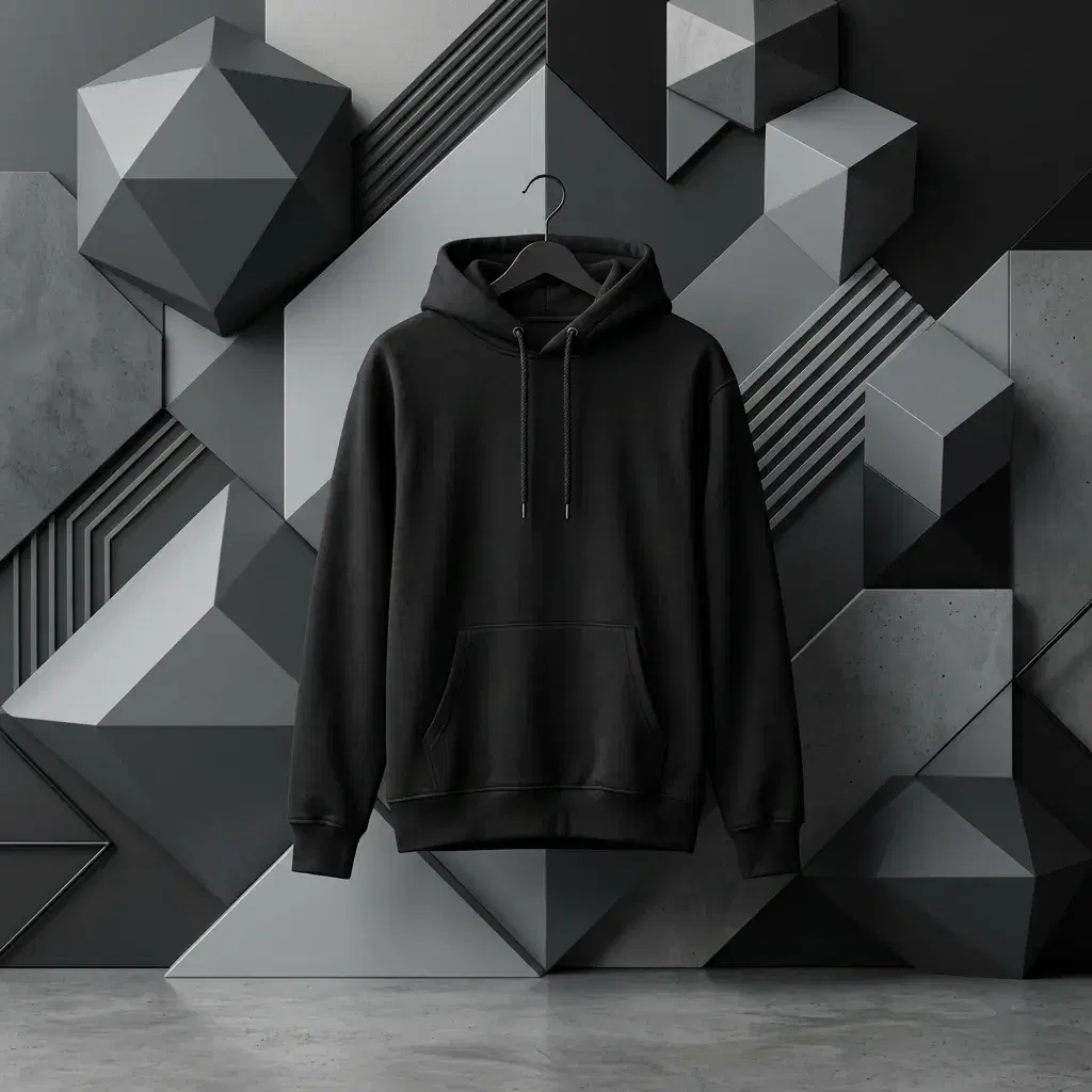 Black branded hoodie displayed against a sculpted grey geometric wall