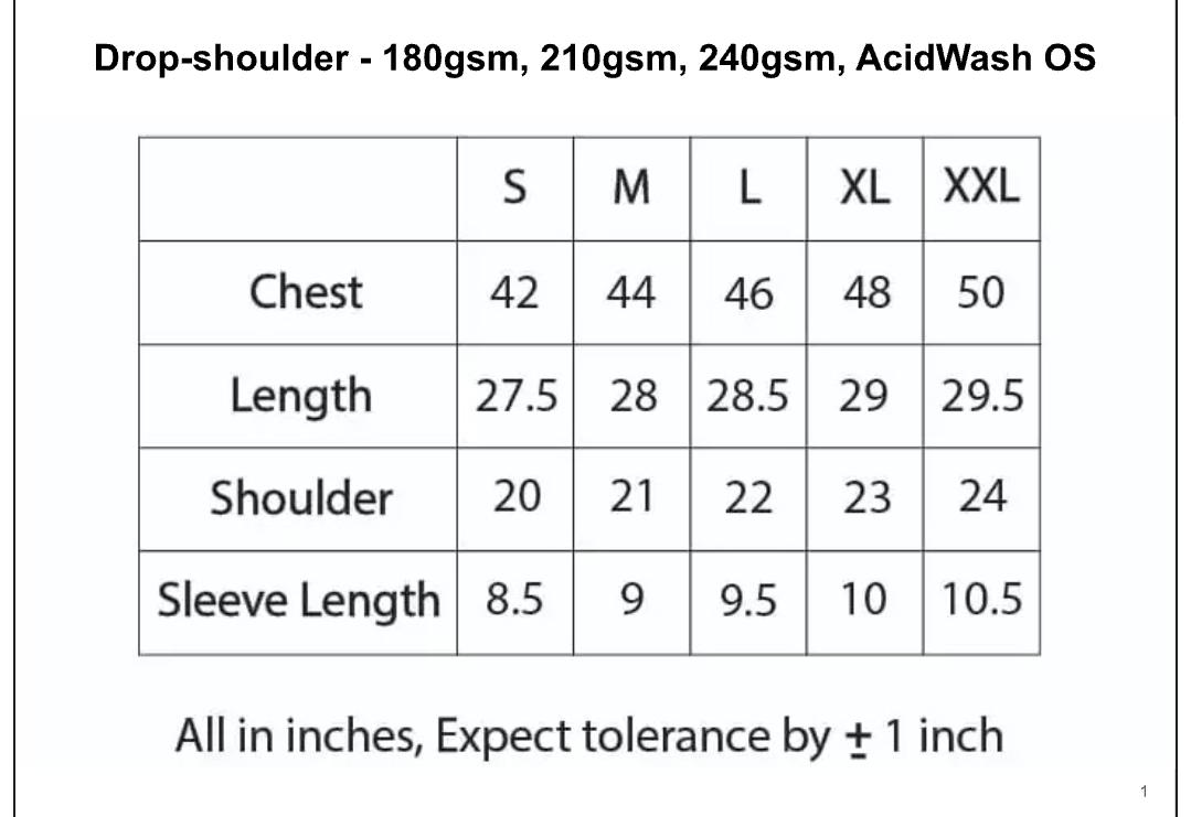 Drop Shoulder size chart with chest, length, shoulder and sleeve measurements