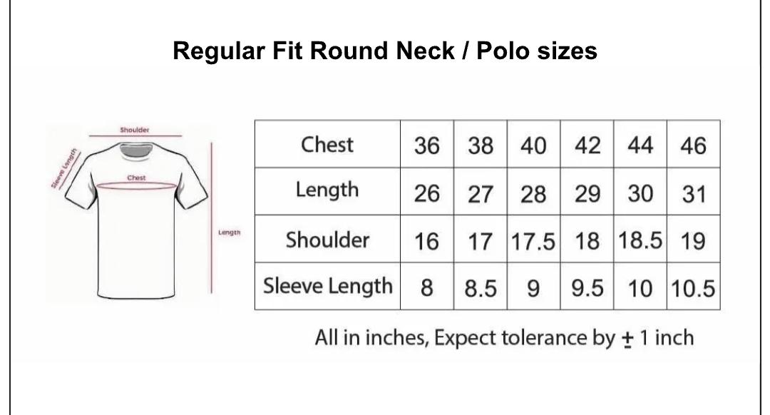 Regular Fit size chart with chest, length, shoulder and sleeve measurements