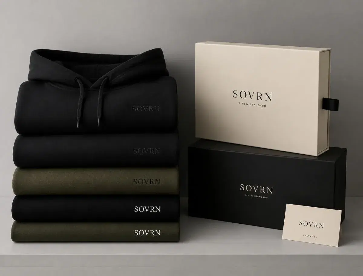 Folded premium hoodies stacked beside branded gift boxes on a studio shelf
